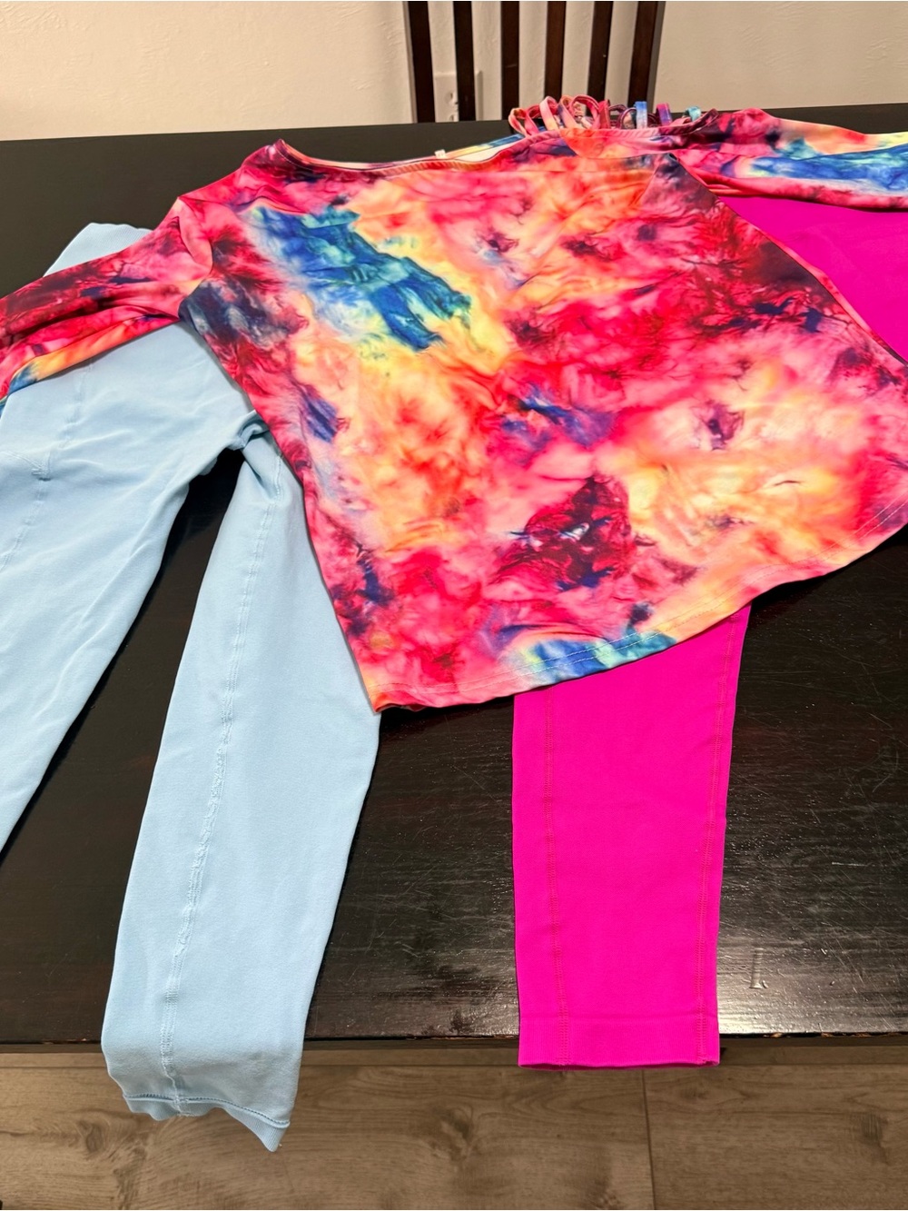 Women Tie-Dye Long Sleeve Top - Pink Multi with two pairs of scrunch leggings.